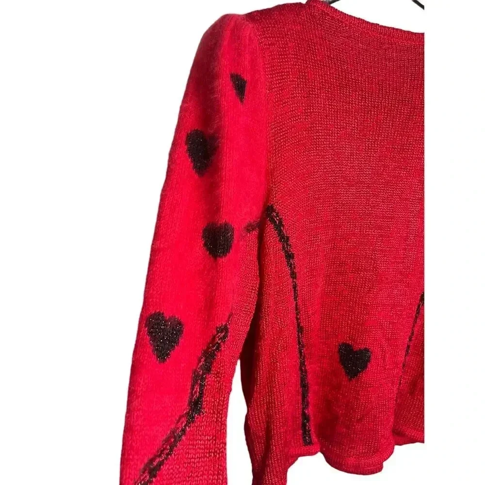 Red Black Heart Pattern Soft Pullover Shoulder Pad Sweater Women's Size 44